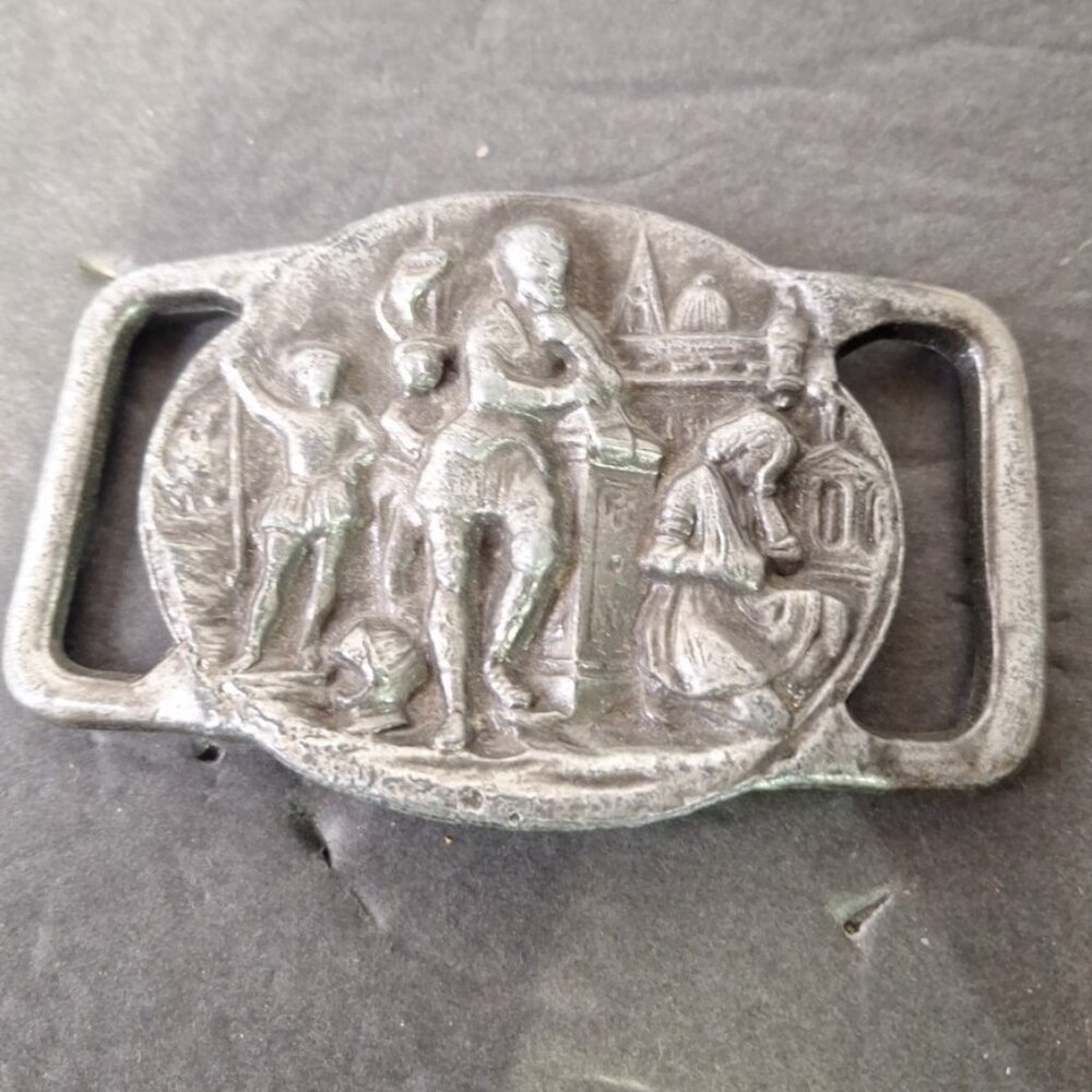 Vintage Belt Buckle Pewter Medieval Plague Scene in Relief